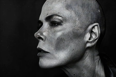 Close-up portrait of a woman with black paint on her faceの写真素材