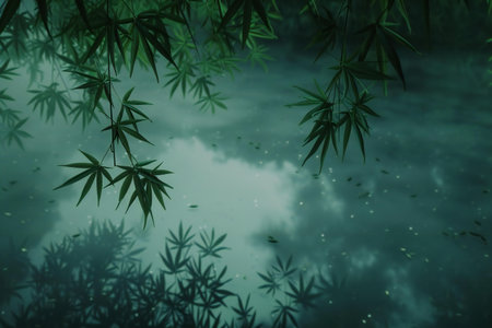 Bamboo leaves on the water background with space for your text.の写真素材