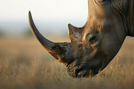 rhinoceros grazing in the savannah at sunset, South Africa