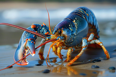 Blue crayfish on the beach. Close-up. Shallow depth of field.