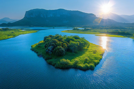 Aerial view of beautiful island in the middle of the lake. Nature landscape background.の写真素材