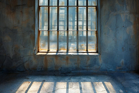 Abandoned industrial interior with old window, grunge background.