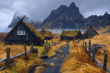 Traditional wooden houses in the countryside, Scandinavia, Europe.の写真素材