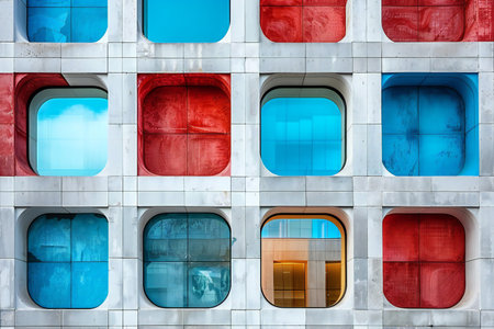 Detail of the facade of a modern building with colorful windows.