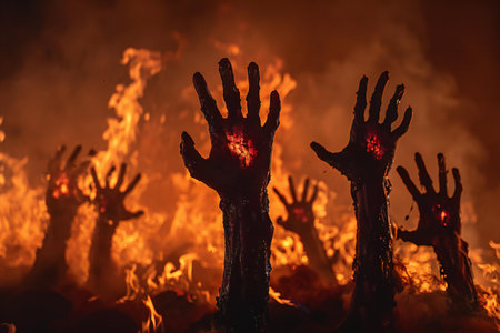 Halloween concept. Scary zombie hands coming out of the fire. Selective focus