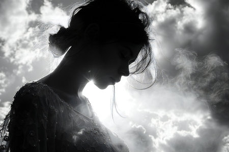 Portrait of a beautiful young woman with long black hair in the cloudsの写真素材