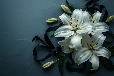 Bouquet of white lilies with black ribbon on a dark backgroundの写真素材