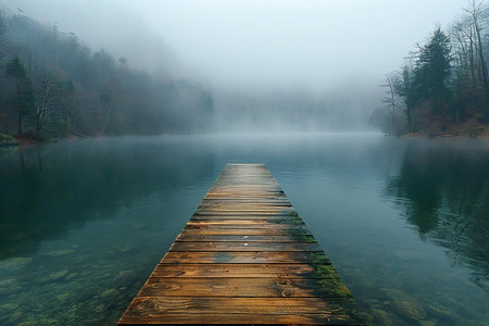 Wooden pier on the lake in the morning fog. Landscape.