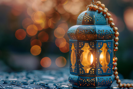 Beautiful Arabic lanterns with colorful bokeh background. Ramadan Kareem.