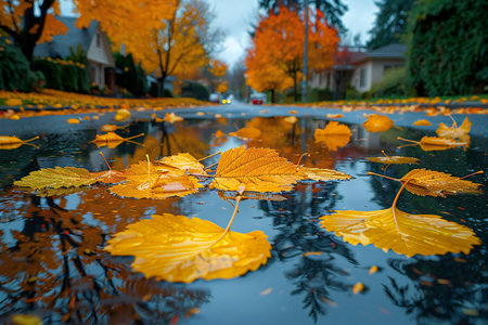 Fallen yellow leaves on the surface of a puddle in autumnの写真素材