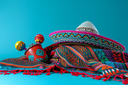 Mexican sombrero and maracas on a blue background.