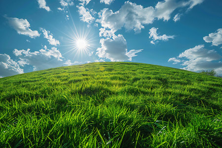 Green meadow under blue sky with clouds and sun. Nature composition.