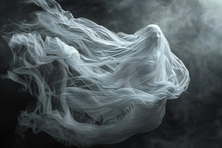 abstract white cloth on a black background with smoke and smog