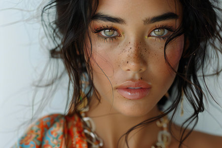 Close up portrait of a beautiful young brunette woman with brown eyesの写真素材