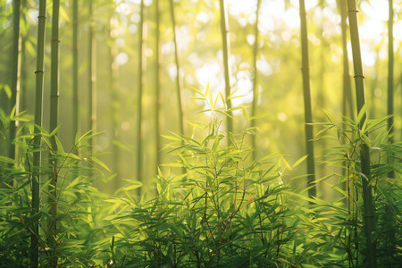 Bamboo forest with sunlight in the morning. Natural green background.