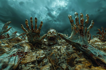 Zombie hands rising out of the ground with dark stormy sky background