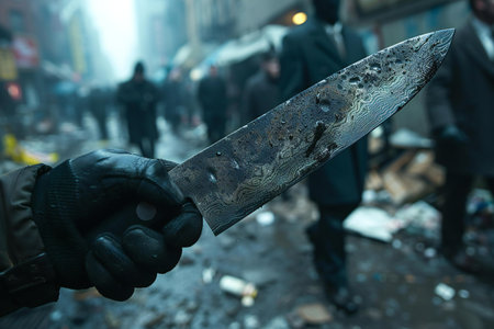 Man with a knife in his hand on the street in the city