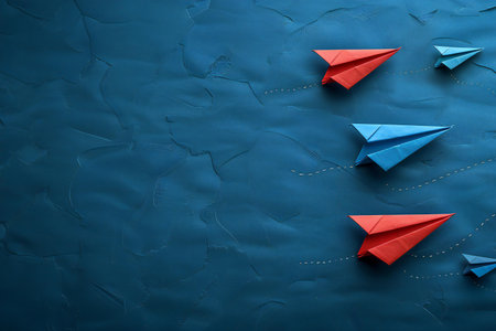 Leadership concept with paper planes on blue textured background with copy space