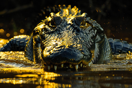 Close up of a crocodile in the water with his mouth open