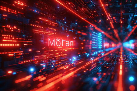 Futuristic hi-tech tunnel with glowing neon letters. 3D rendering