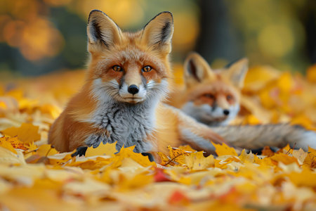 Red foxes (Vulpes vulpes) in autumn forest