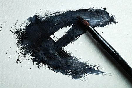 Black paint brush stroke on white paper background. Copy space for text.