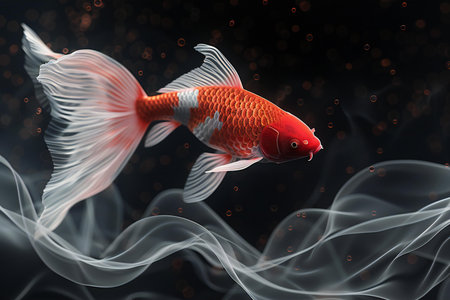 Goldfish in the water. 3d rendering. Computer digital drawing.