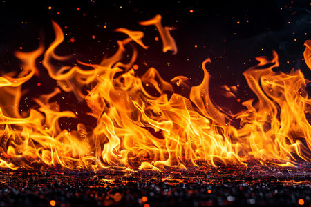Fire flames on black background. Abstract blaze fire flame texture background.