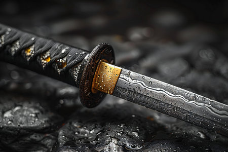 Japanese sword on a black background with water drops. Close up.