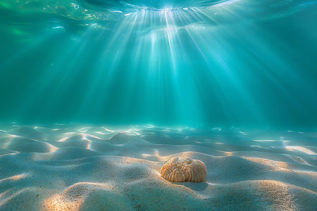 Underwater scene with sea shell. Underwater world.