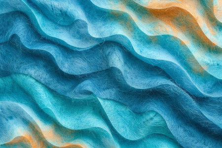 close up of blue silk fabric texture background, abstract wavy pattern