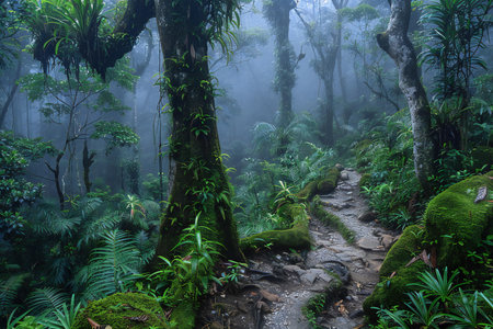 Tropical rainforest with fog in Doi Inthanon National Park, Chiang Mai, Thailand