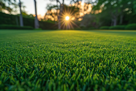 Beautiful green grass field with sunlight at sunset or sunrise time.