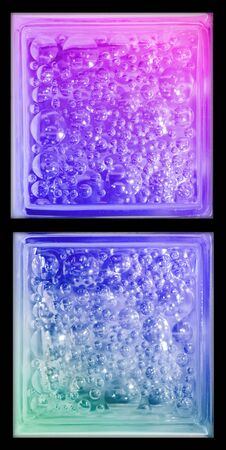 Rainbow gradient colors transparent trio piece square bathroom glass block cube with circle bubble pattern in rough texture .Use for object and materials. Arrange in vertical way and can be connected.の写真素材