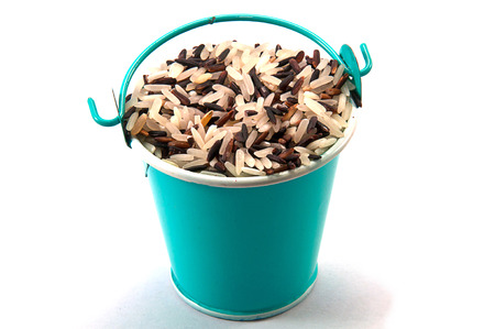 Rice bucket on white backgroundの写真素材