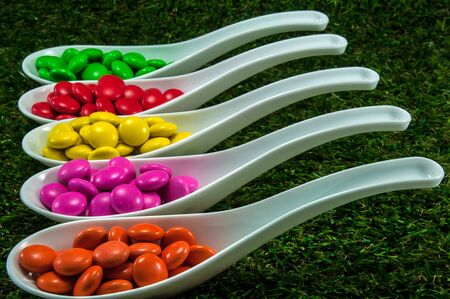 Colorful chocolate candy served on spoons with green grass backgroundの写真素材