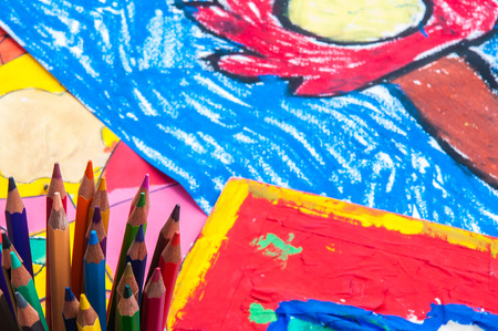 Pencil color on colorful painting backgroundの写真素材