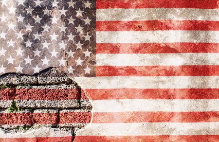 USA flag overlay on old granite brick and cement wall texture for background useの写真素材