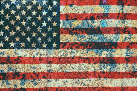 USA flag overlay on old rusty wall surface texture for background useの写真素材