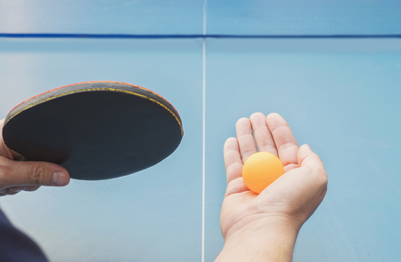 A man play table tennis ready to serveの写真素材