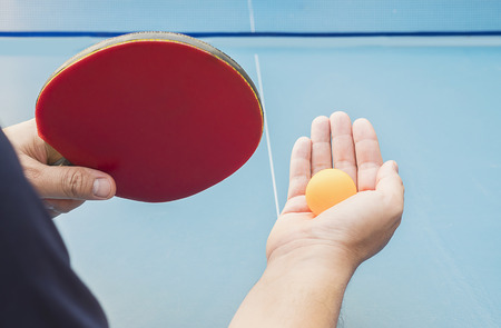A man play table tennis ready to serveの写真素材