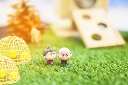 Typical model of old villager dolls in rural green gardenの写真素材