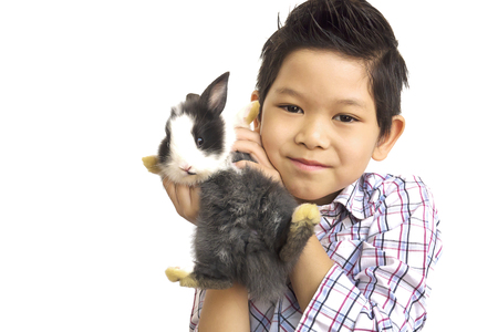 Asian kid playing with lovely baby rabbit isolated over whiteの写真素材