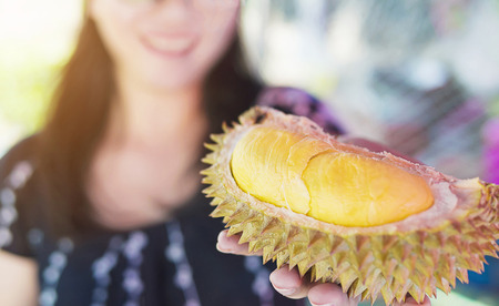 Close up of ready to eat durian fruit in lady handの写真素材