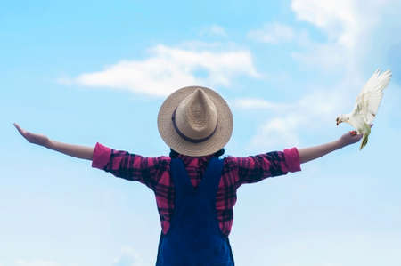 people and animal freedom concept - lady raising out her hand with bird white dove showing freedom feeling emotion with bright blue sky and cloud backgoundの写真素材