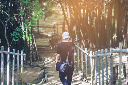 photographer traveling into the forest for beautiful forest picturesの写真素材
