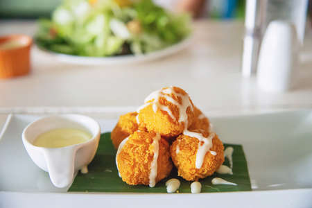 Fried mozzarella cheese ball ready for eat - delicious colourful food conceptの写真素材