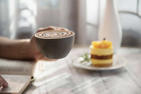 People serve beautiful fresh relax morning coffee cup set - people with coffee set background conceptの写真素材