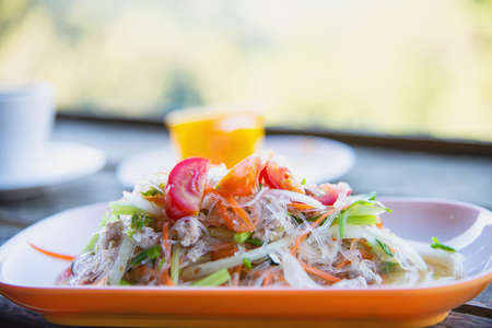 Traditional Thai food called Glass Noodle Pork Nut Spicy Saladの写真素材