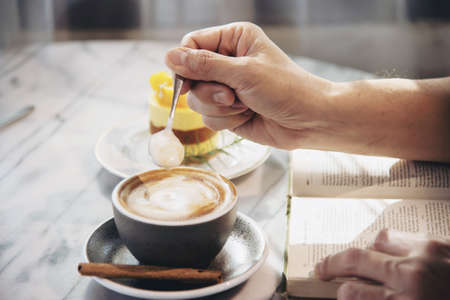 People serve beautiful fresh relax morning coffee cup set - people with coffee set background...
